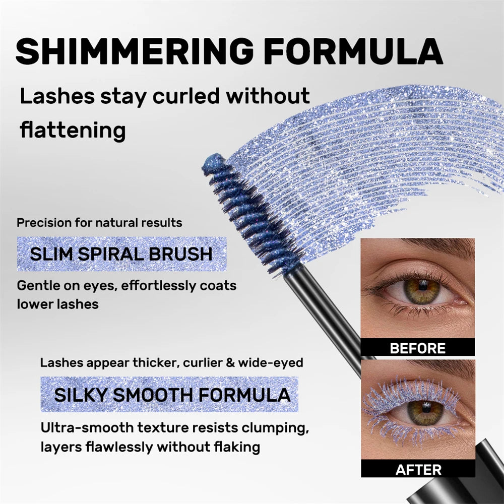 Máscara de pestañas Glitter Diamond, resistente al agua, a prueba de manchas, voluminizadora, alargadora, con efecto copo de nieve brillante, sin grumos, de larga duración, ideal para fiestas.