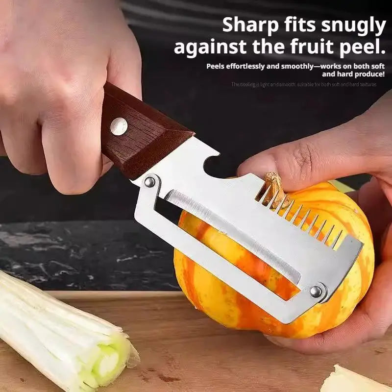 Cuchillo pelador dentado 2 en 1, pelador de verduras premium con mango de madera y abridor de botellas. Herramienta de cocina.