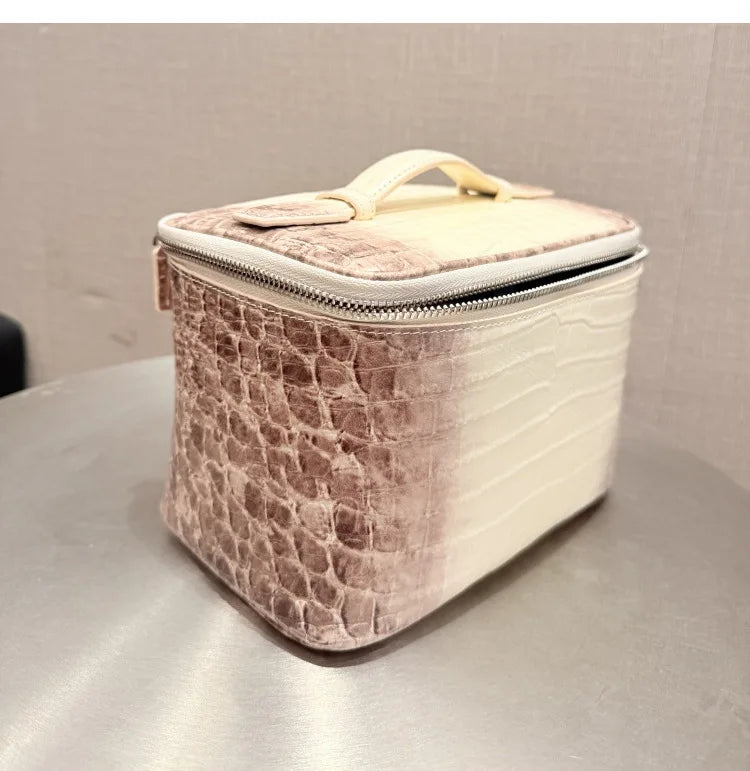 Neceser de maquillaje de piel de vaca de primera capa con estampado de cocodrilo, gran capacidad, estuche de viaje para artículos de aseo femenino, organizador clásico, bolsa de cosméticos