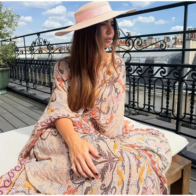 Vestido Maxi Estampado Vña con Manga Batwing – Playa y Vacaciones