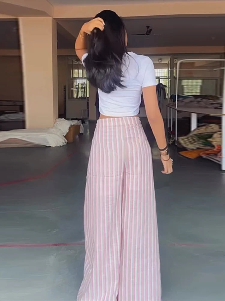 Pantalones de mujer con rayas en las piernas, pantalones ajustables con cintura cruzada, pantalones holgados de verano hasta el suelo estilo boho palazzo, conjunto para mujer
