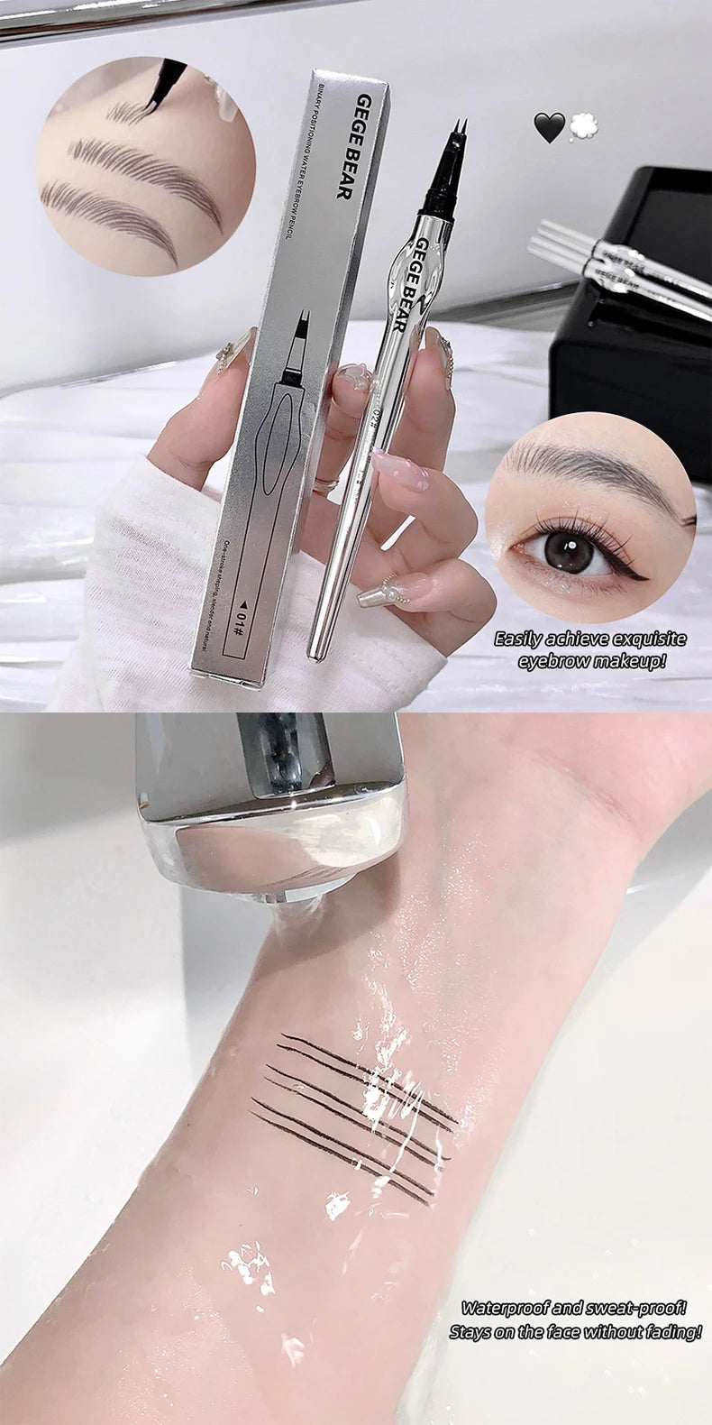 Lápiz de cejas de dos puntas para mujer Gege Bear. Trazos naturales de larga duración. Resistente al agua, al sudor y a las manchas. Maquillaje de ojos de larga duración.