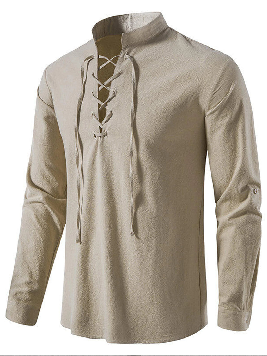 Camisa Henley informal para hombre, cuello alto, manga larga con puños ajustables y cordón.