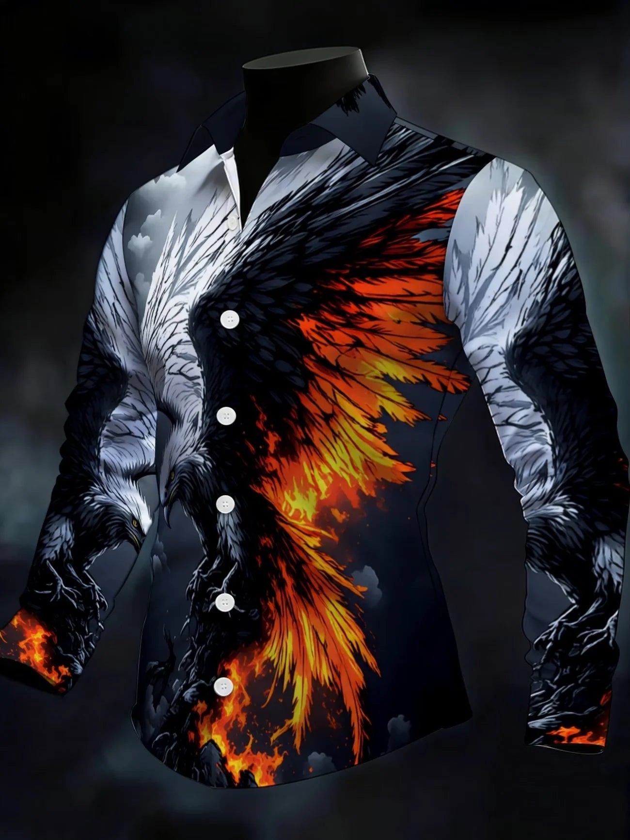 Camisa de manga larga para hombre con cuello y detalles de satén, estampado geométrico de alas de diamante en la parte inferior, color naranja.