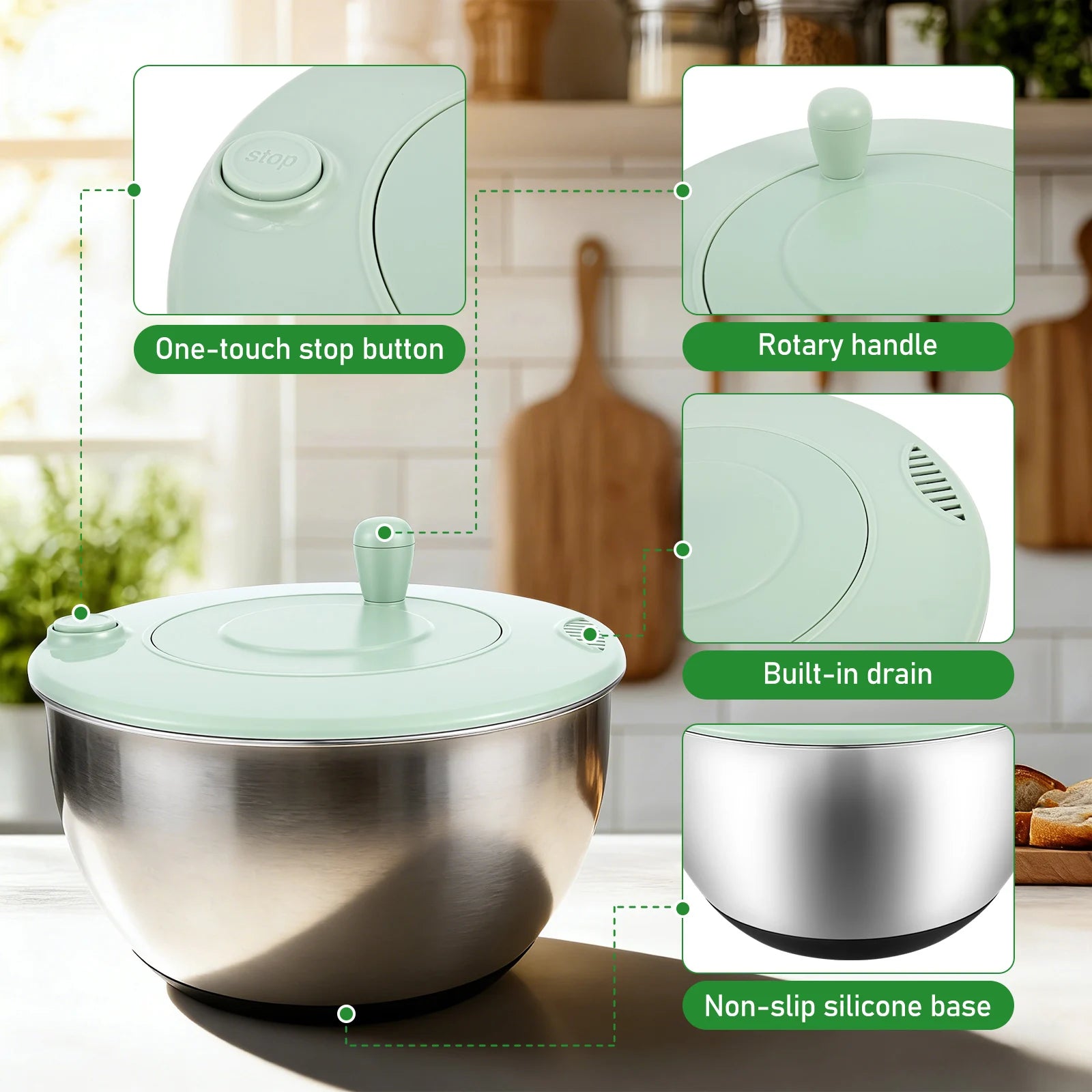 1 centrifugadora de ensalada de acero inoxidable/plástico, lavadora de lechuga grande con cuchilla, secadora de verduras multifuncional para cocina.