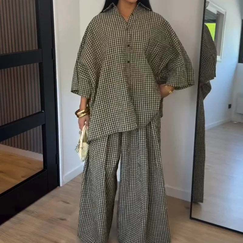 Conjunto Camisa y Pantalón 2 Piezas – Estampado Cuadros, Moda Casual Mujer 2026