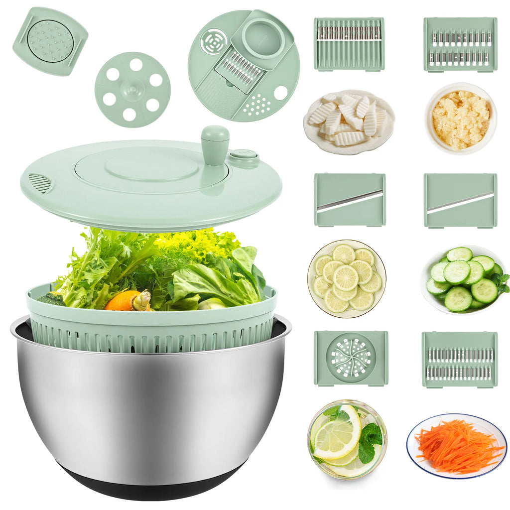 1 centrifugadora de ensalada de acero inoxidable/plástico, lavadora de lechuga grande con cuchilla, secadora de verduras multifuncional para cocina.