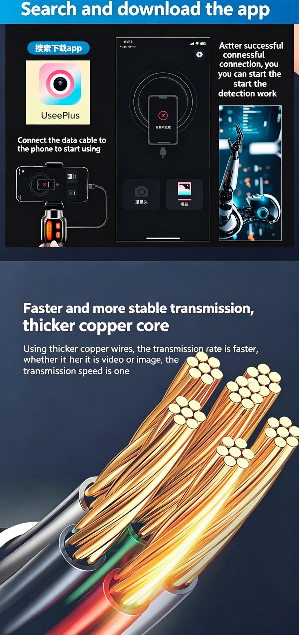 Cámara endoscópica con rotación de 360 grados, lente de 6 mm, HD, articulada, para inspección, IP67, para automóviles (iOS y Android).
