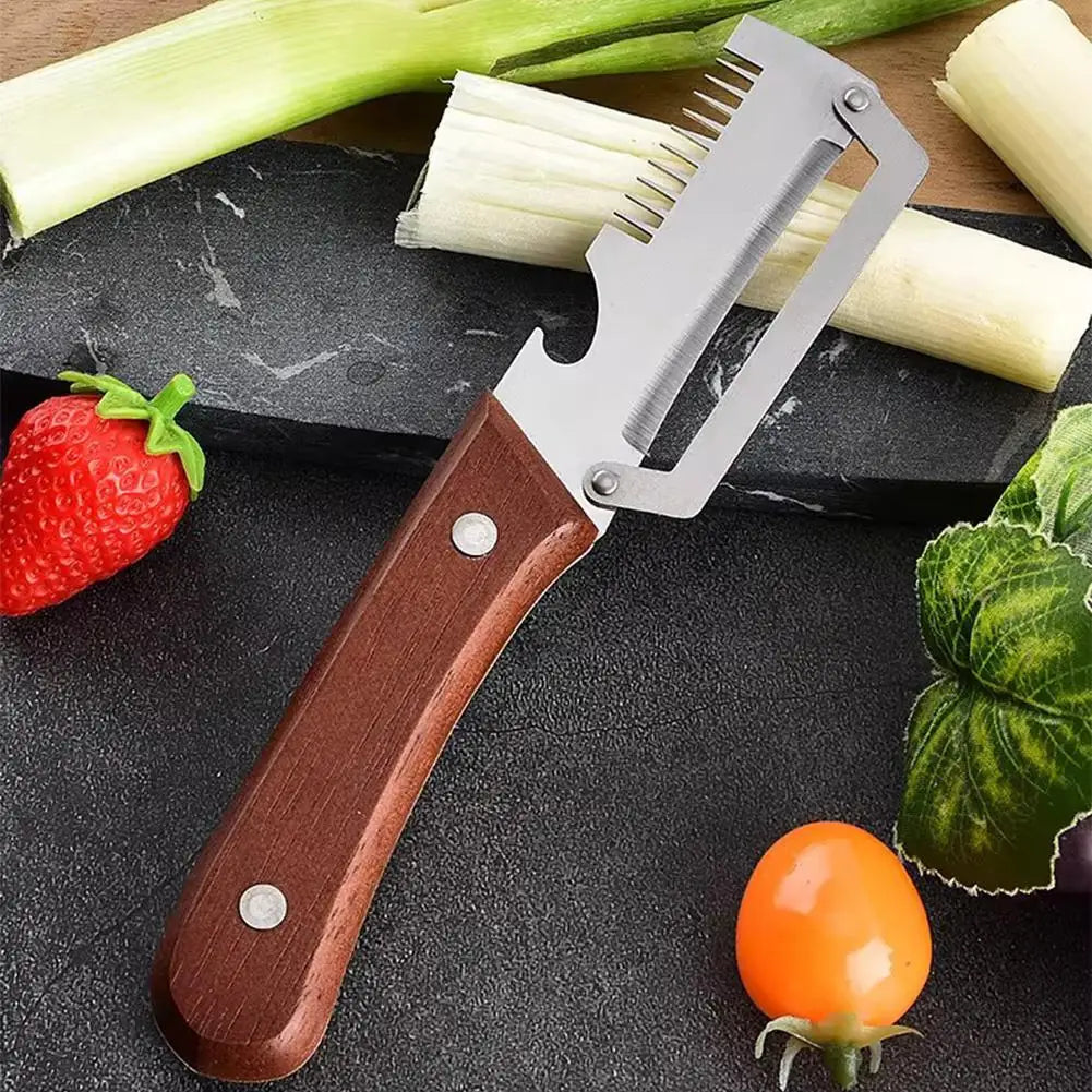 Cuchillo pelador dentado 2 en 1, pelador de verduras premium con mango de madera y abridor de botellas. Herramienta de cocina.