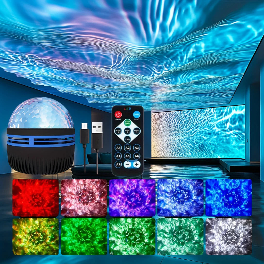 LED Starry Sky Galaxy Projector Ambient Light Aurora/Water Wave Night Light  Auto Rotate Remote 7 Color RGB USB Room Decor LightProyector LED de cielo estrellado y galaxia, luz ambiental, luz nocturna de aurora/olas de agua, rotación automática, control.