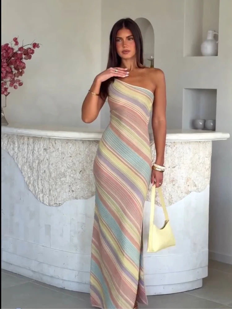 Vestido largo de punto con bloques de color para mujer, elegante, con hombros descubiertos, corsé y abertura alta, vestidos 2026, ropa de playa para uso diario, nuevo.