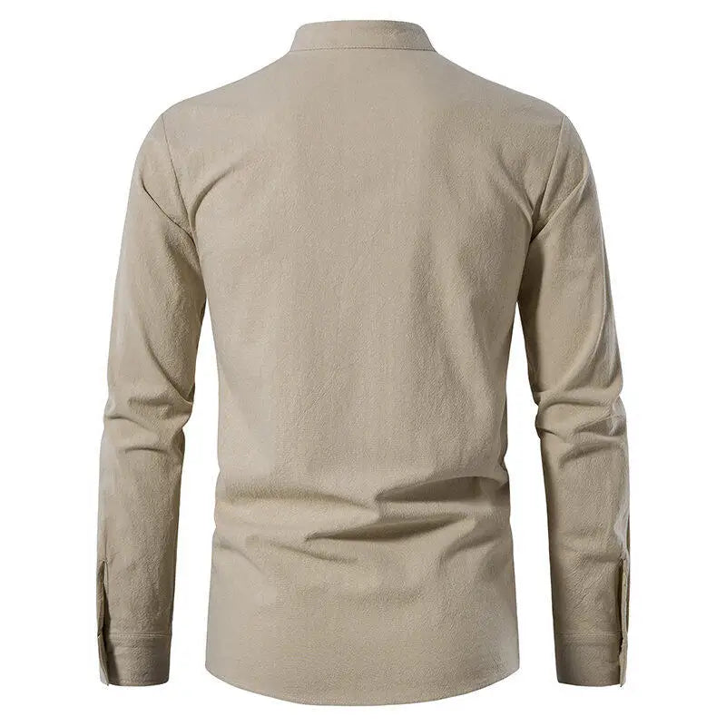 Camisa Henley informal para hombre, cuello alto, manga larga con puños ajustables y cordón.