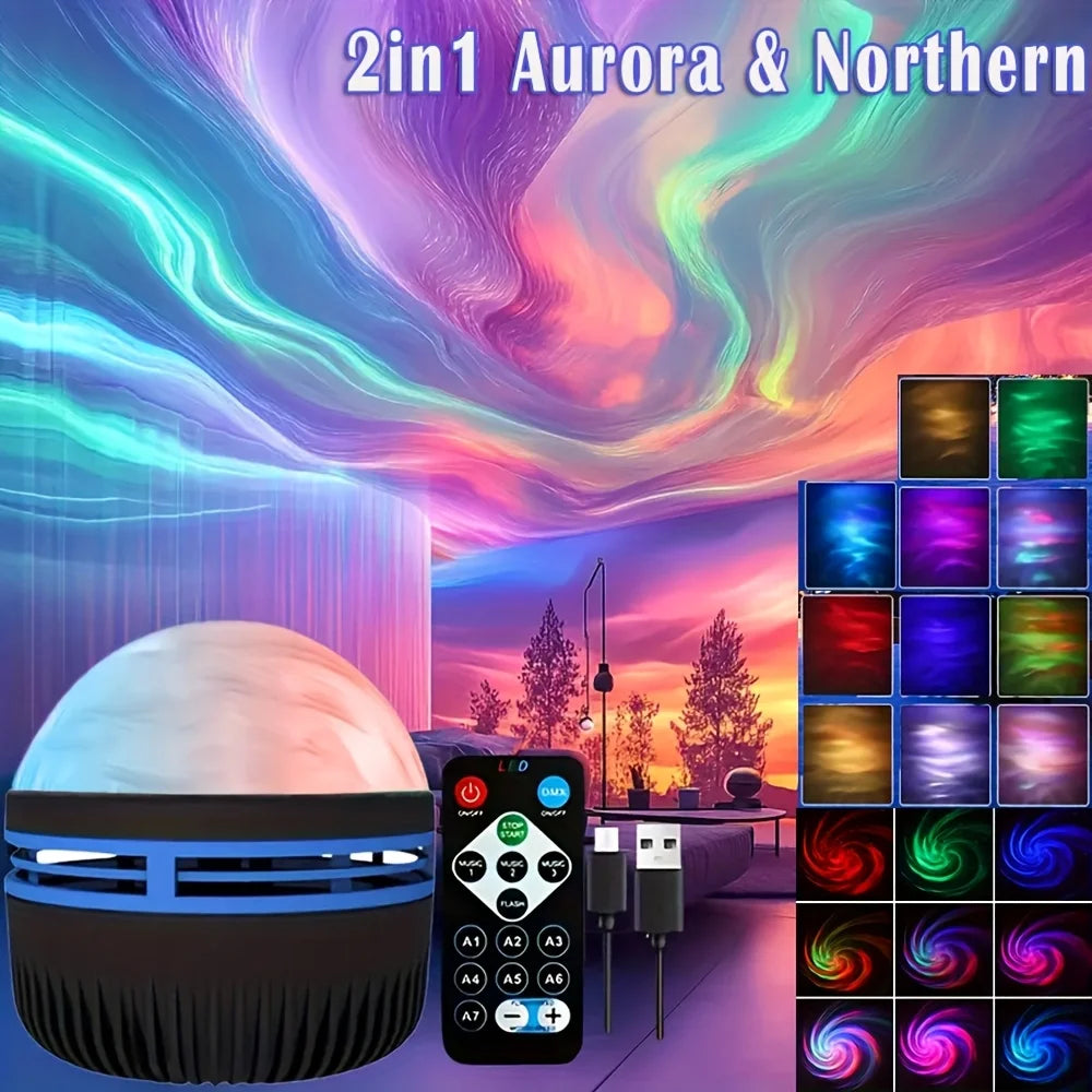 LED Starry Sky Galaxy Projector Ambient Light Aurora/Water Wave Night Light  Auto Rotate Remote 7 Color RGB USB Room Decor LightProyector LED de cielo estrellado y galaxia, luz ambiental, luz nocturna de aurora/olas de agua, rotación automática, control.