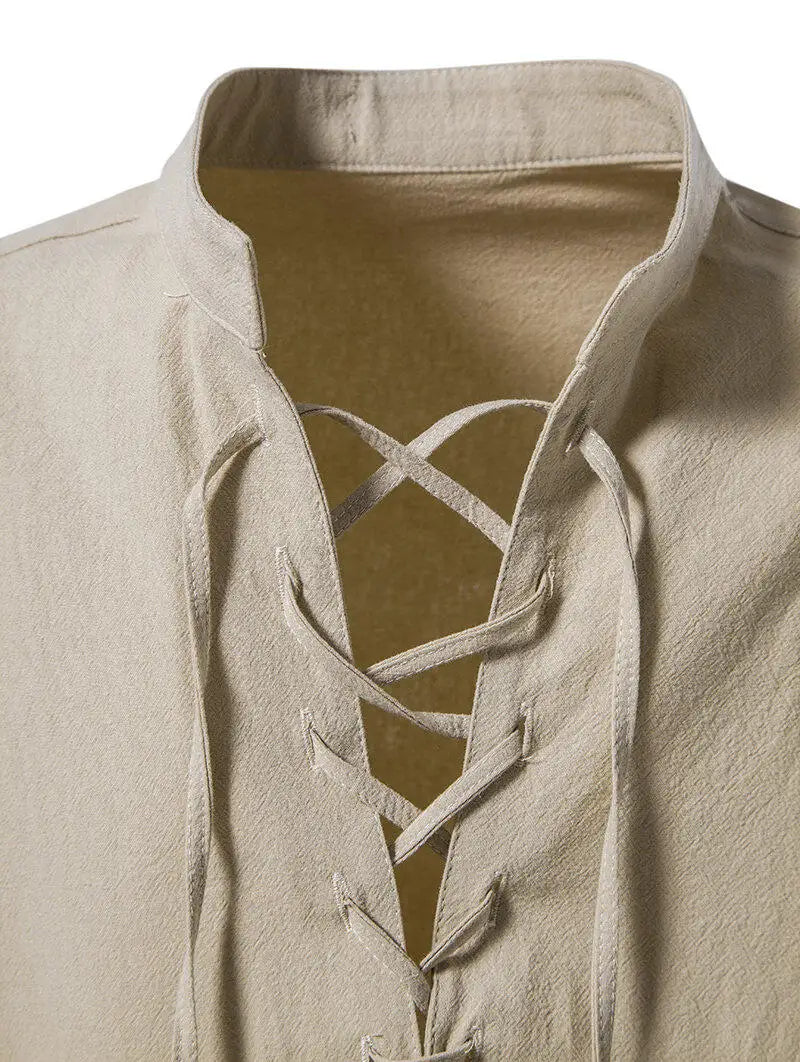 Camisa Henley informal para hombre, cuello alto, manga larga con puños ajustables y cordón.