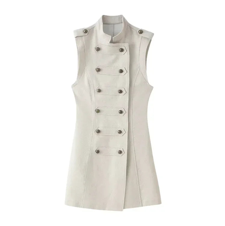 Vestido Mini Cuello Alto Doble Botonadura – Elegante para Oficina y Casual