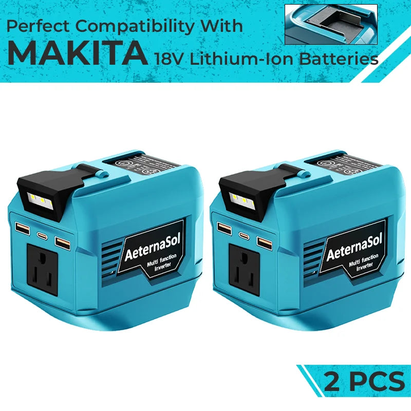 (Stock en EE. UU., 2-5 días) Inversor de potencia AeternaSol de 250 W para baterías Makita 18 V LXT BL1830 BL1850 BL1860 Estación de energía portátil 110 V CA 500 W de pico QC3.0 USB 20 W PD 20 W Tipo