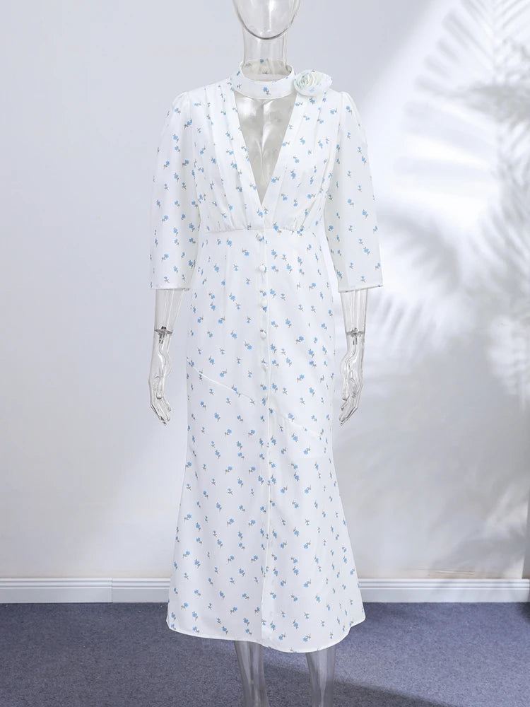 Vestido Floral con Choker y Manga Larga – Elegante para Club y Uso Diario