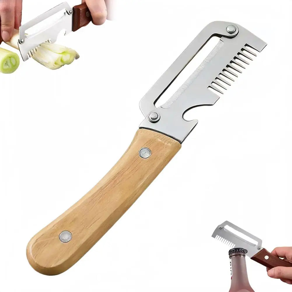 Cuchillo pelador dentado 2 en 1, pelador de verduras premium con mango de madera y abridor de botellas. Herramienta de cocina.