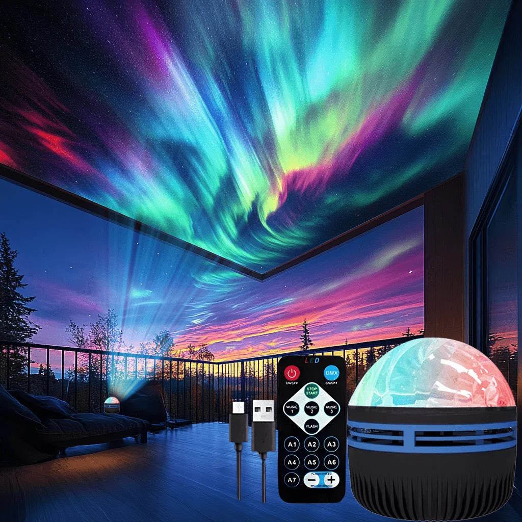 LED Starry Sky Galaxy Projector Ambient Light Aurora/Water Wave Night Light  Auto Rotate Remote 7 Color RGB USB Room Decor LightProyector LED de cielo estrellado y galaxia, luz ambiental, luz nocturna de aurora/olas de agua, rotación automática, control.