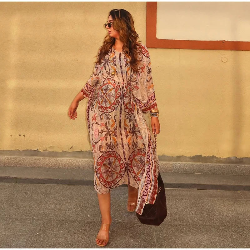 Vestido Maxi Estampado Vña con Manga Batwing – Playa y Vacaciones