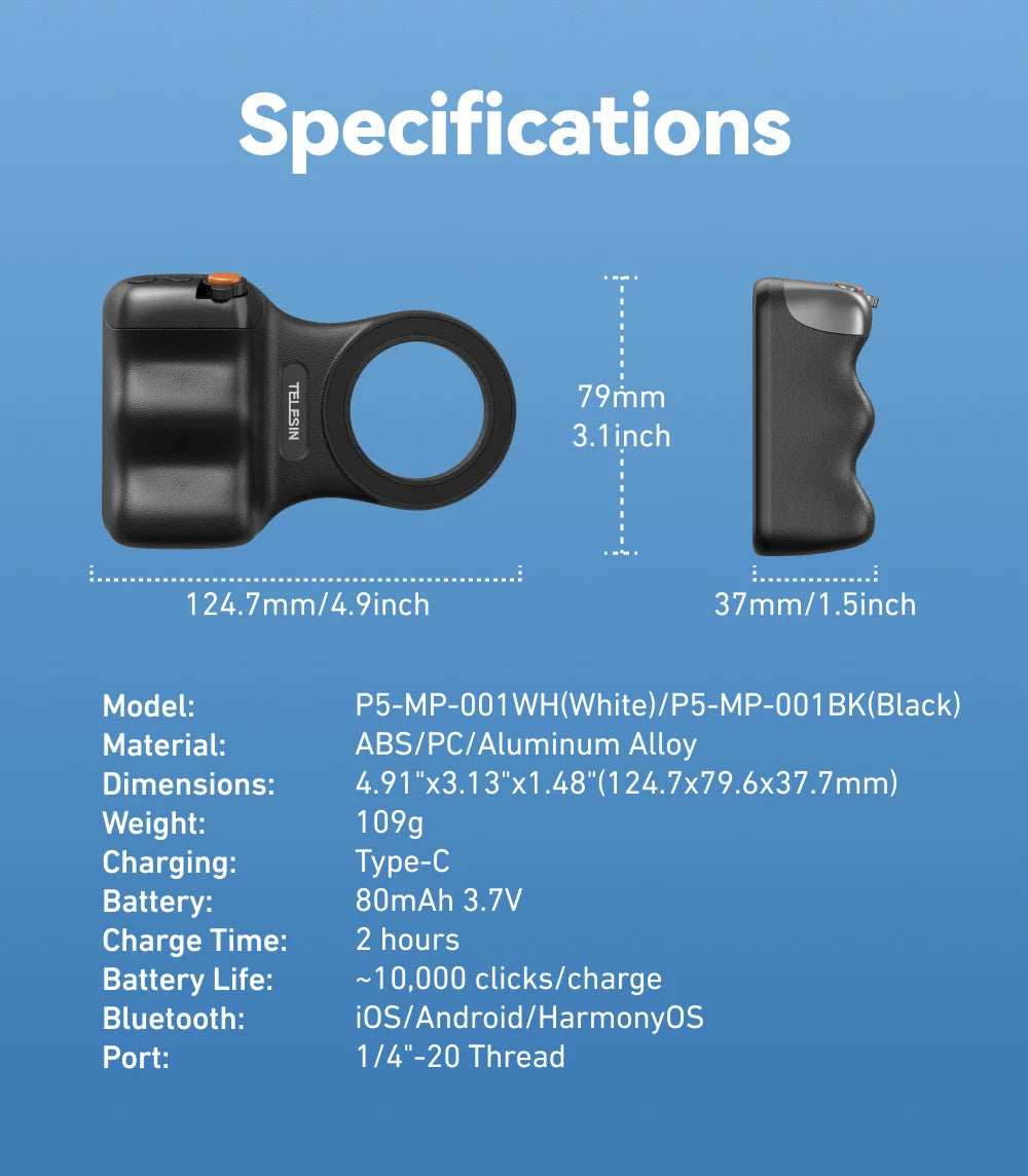 Empuñadura magnética para cámara de teléfono TELESIN, soporte universal para smartphone, ayuda para disparos, control remoto para iPhone y Android.