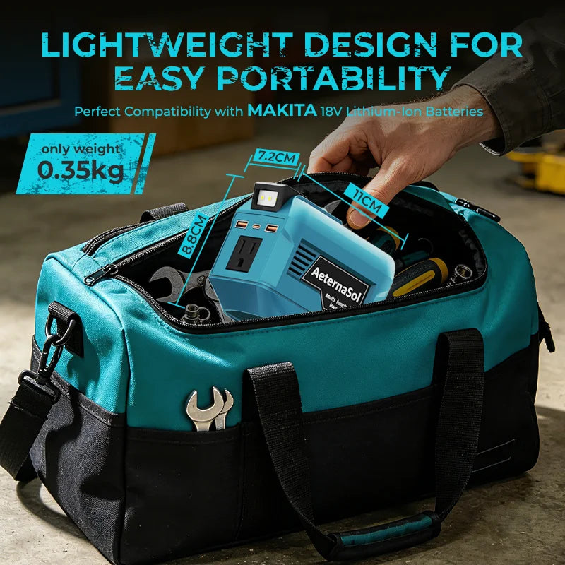 (Stock en EE. UU., 2-5 días) Inversor de potencia AeternaSol de 250 W para baterías Makita 18 V LXT BL1830 BL1850 BL1860 Estación de energía portátil 110 V CA 500 W de pico QC3.0 USB 20 W PD 20 W Tipo