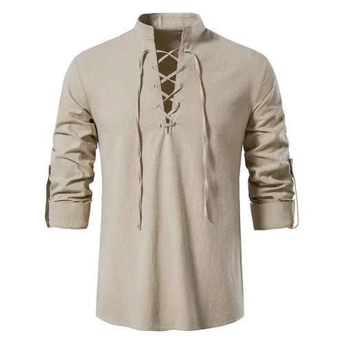 Camisa Henley informal para hombre, cuello alto, manga larga con puños ajustables y cordón.