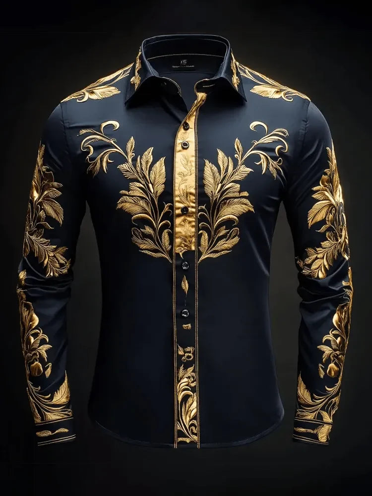 Camisa de manga larga para hombre con cuello y detalles de satén, estampado geométrico de alas de diamante en la parte inferior, color naranja.