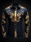 Camisa de manga larga para hombre con cuello y detalles de satén, estampado geométrico de alas de diamante en la parte inferior, color naranja.