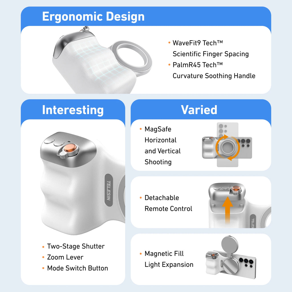 Empuñadura magnética para cámara de teléfono TELESIN, soporte universal para smartphone, ayuda para disparos, control remoto para iPhone y Android.