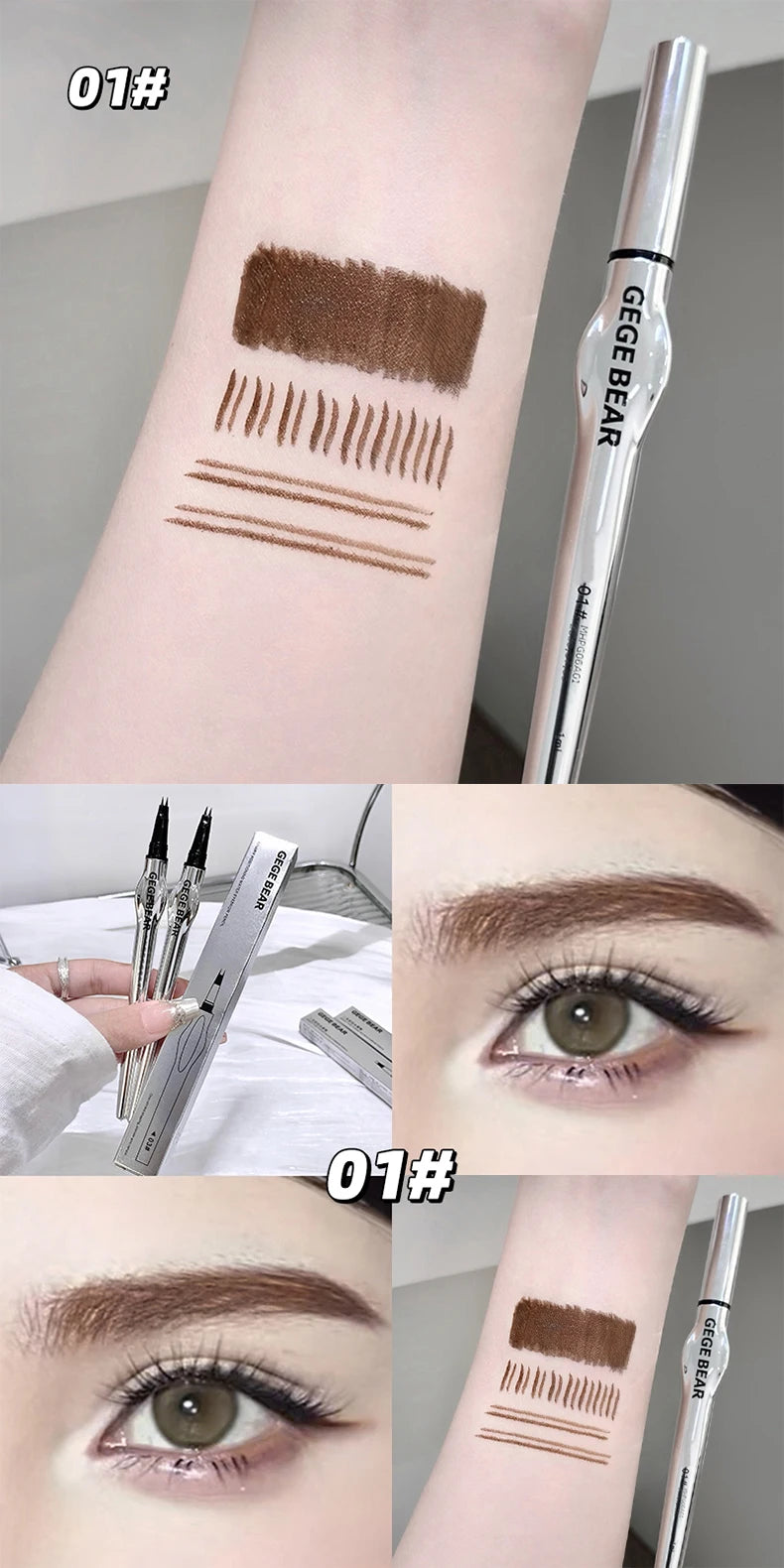 Lápiz de cejas de dos puntas para mujer Gege Bear. Trazos naturales de larga duración. Resistente al agua, al sudor y a las manchas. Maquillaje de ojos de larga duración.