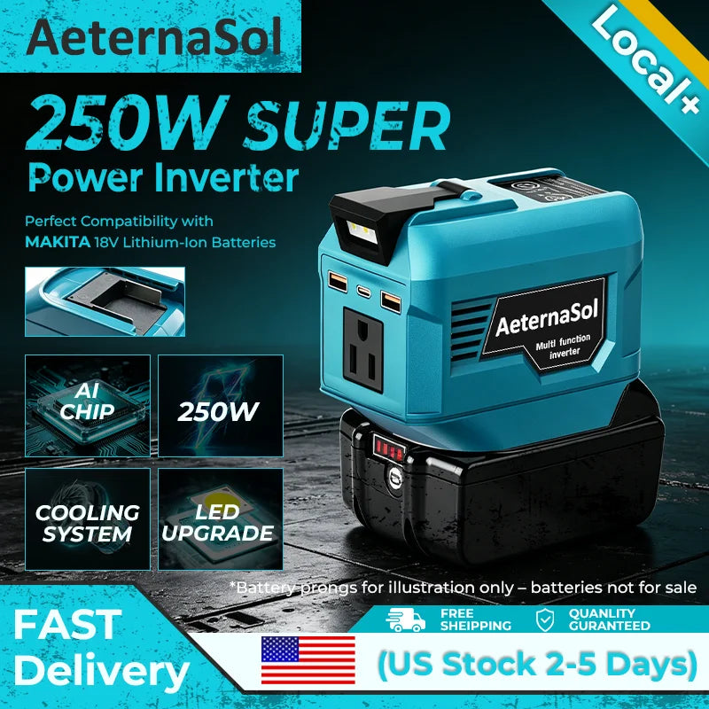 (Stock en EE. UU., 2-5 días) Inversor de potencia AeternaSol de 250 W para baterías Makita 18 V LXT BL1830 BL1850 BL1860 Estación de energía portátil 110 V CA 500 W de pico QC3.0 USB 20 W PD 20 W Tipo