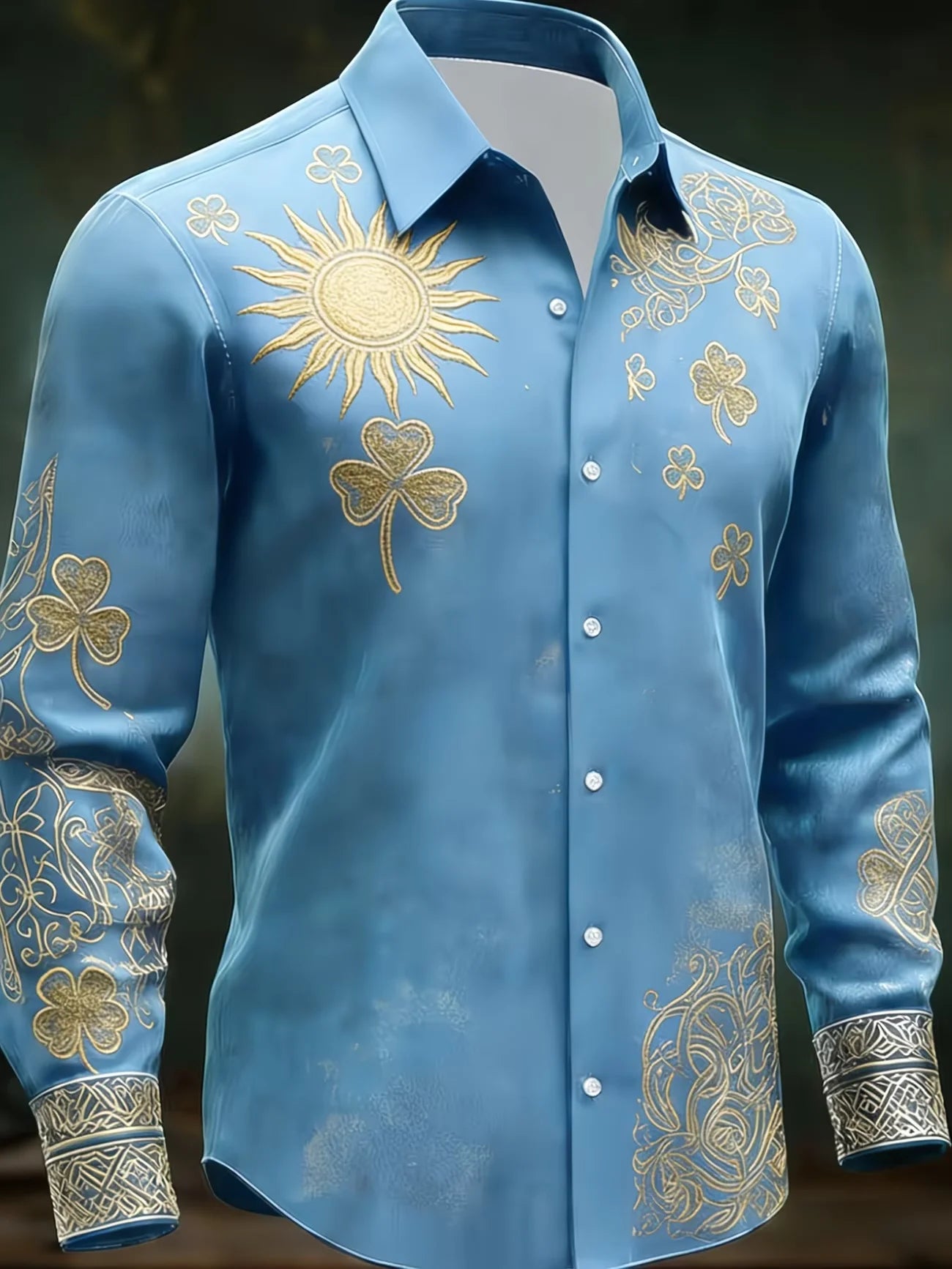 Camisa de manga larga para hombre con cuello y detalles de satén, estampado geométrico de alas de diamante en la parte inferior, color naranja.