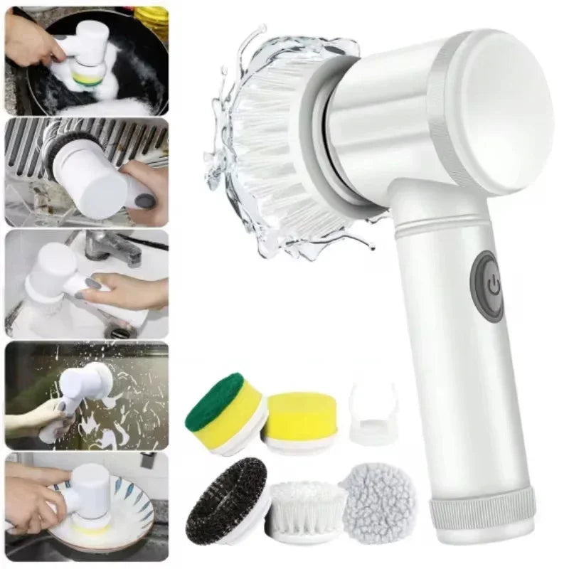 Cepillo eléctrico giratorio 5 en 1 para azulejos de baño, bañera y lavabo, con 5 cabezales de cepillo reemplazables.