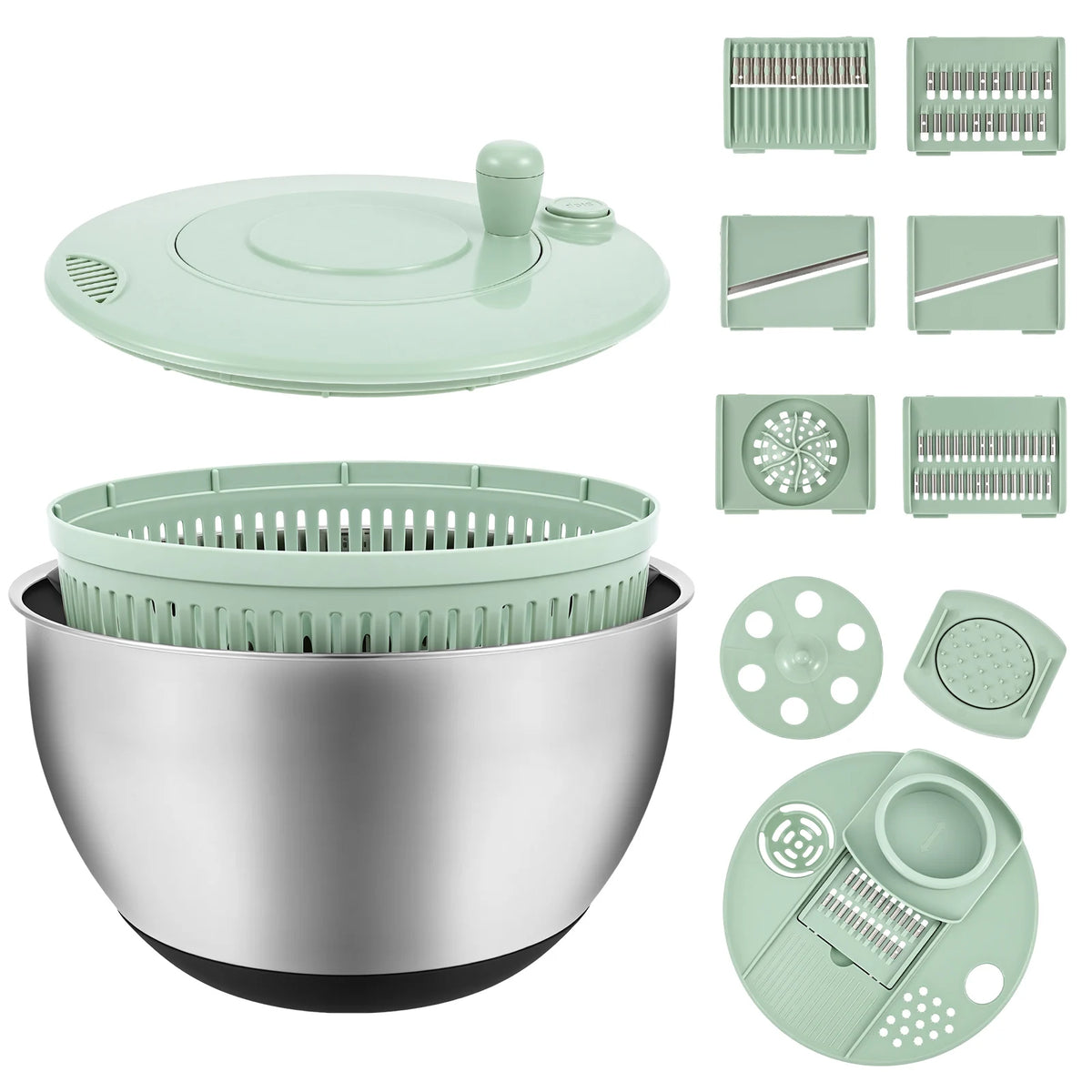 1 centrifugadora de ensalada de acero inoxidable/plástico, lavadora de lechuga grande con cuchilla, secadora de verduras multifuncional para cocina.
