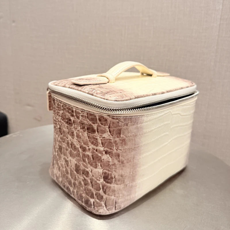 Neceser de maquillaje de piel de vaca de primera capa con estampado de cocodrilo, gran capacidad, estuche de viaje para artículos de aseo femenino, organizador clásico, bolsa de cosméticos