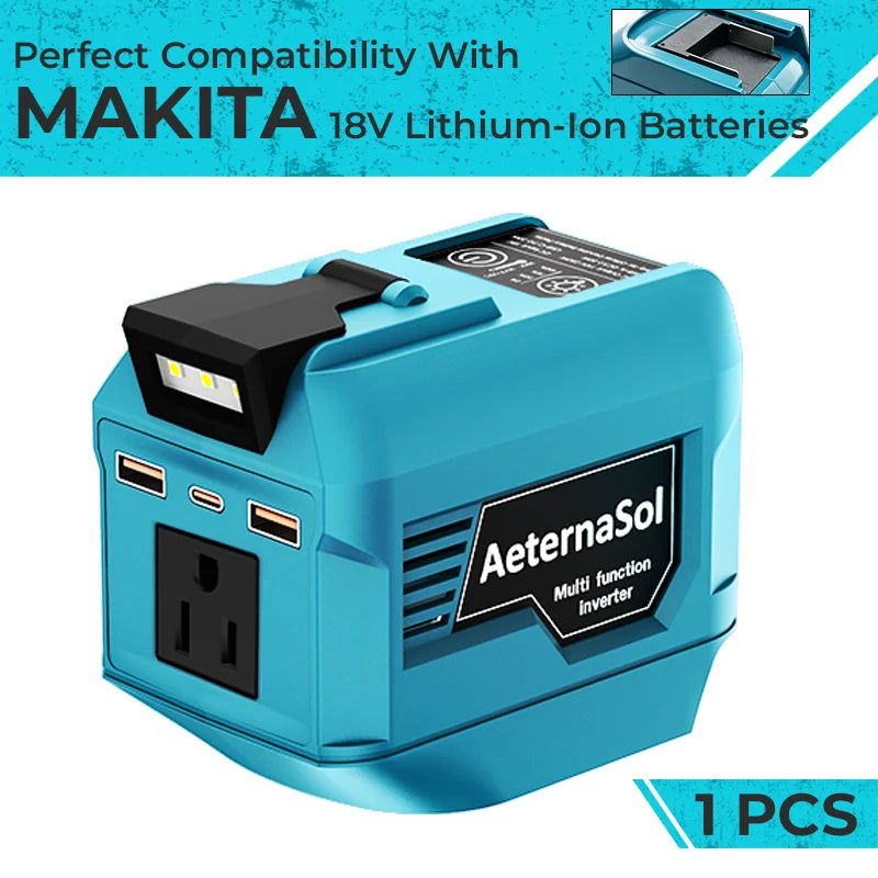 (Stock en EE. UU., 2-5 días) Inversor de potencia AeternaSol de 250 W para baterías Makita 18 V LXT BL1830 BL1850 BL1860 Estación de energía portátil 110 V CA 500 W de pico QC3.0 USB 20 W PD 20 W Tipo