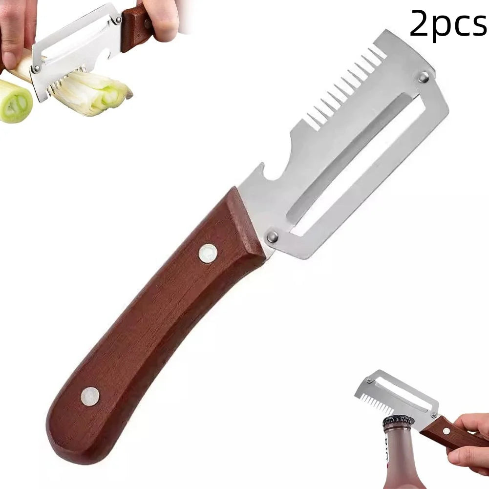 Cuchillo pelador dentado 2 en 1, pelador de verduras premium con mango de madera y abridor de botellas. Herramienta de cocina.