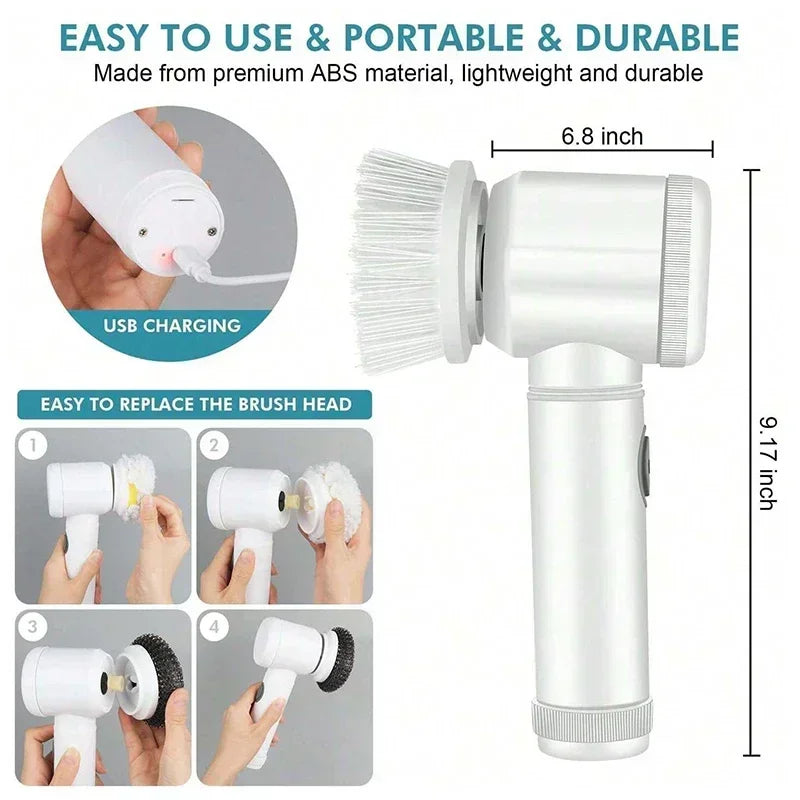 Cepillo eléctrico giratorio 5 en 1 para azulejos de baño, bañera y lavabo, con 5 cabezales de cepillo reemplazables.