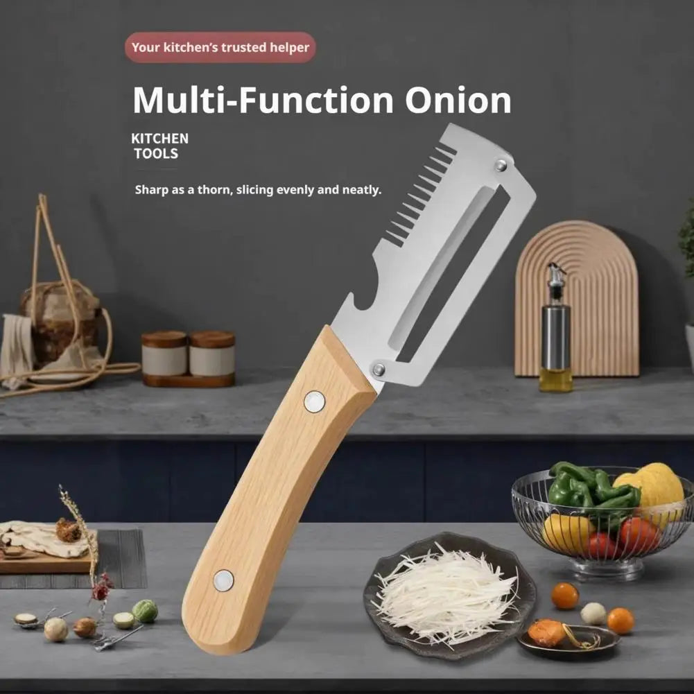 Cuchillo pelador dentado 2 en 1, pelador de verduras premium con mango de madera y abridor de botellas. Herramienta de cocina.