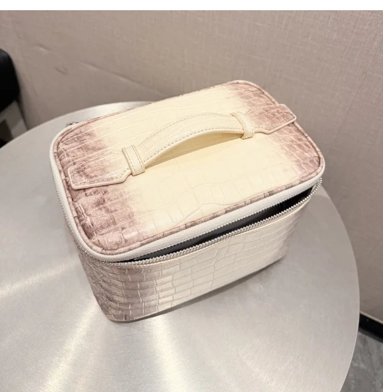 Neceser de maquillaje de piel de vaca de primera capa con estampado de cocodrilo, gran capacidad, estuche de viaje para artículos de aseo femenino, organizador clásico, bolsa de cosméticos
