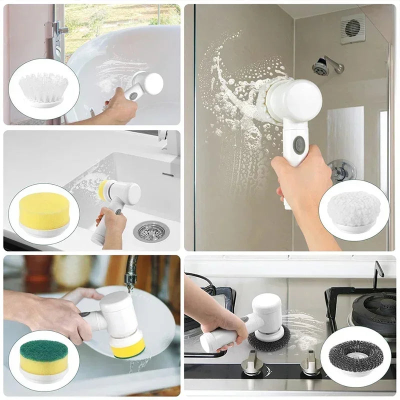 Cepillo eléctrico giratorio 5 en 1 para azulejos de baño, bañera y lavabo, con 5 cabezales de cepillo reemplazables.