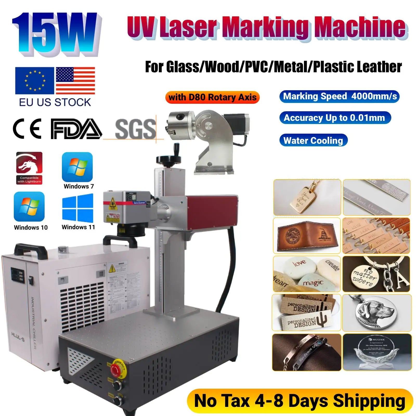 Máquina de marcado y grabado láser UV de 15 W CRS de 355 nm con refrigeración por agua para vidrio, madera, PVC, metal, plástico y cuero.