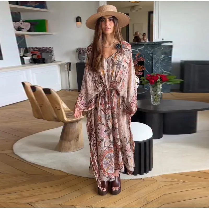 Vestido Maxi Estampado Vña con Manga Batwing – Playa y Vacaciones