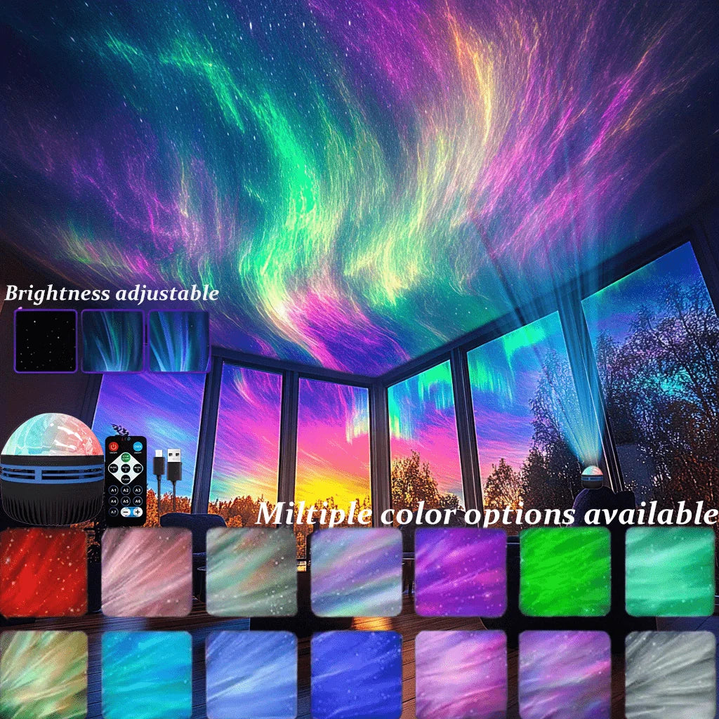 LED Starry Sky Galaxy Projector Ambient Light Aurora/Water Wave Night Light  Auto Rotate Remote 7 Color RGB USB Room Decor LightProyector LED de cielo estrellado y galaxia, luz ambiental, luz nocturna de aurora/olas de agua, rotación automática, control.