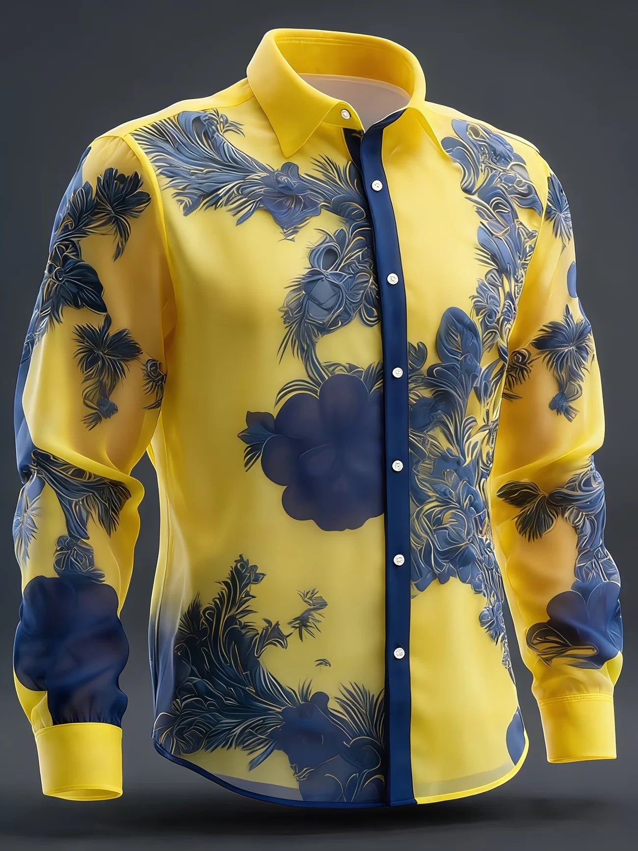 Camisa de manga larga para hombre con cuello y detalles de satén, estampado geométrico de alas de diamante en la parte inferior, color naranja.