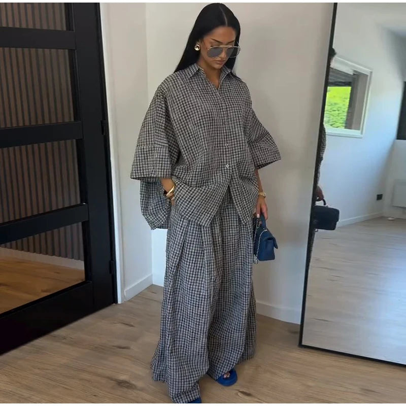 Conjunto Camisa y Pantalón 2 Piezas – Estampado Cuadros, Moda Casual Mujer 2026