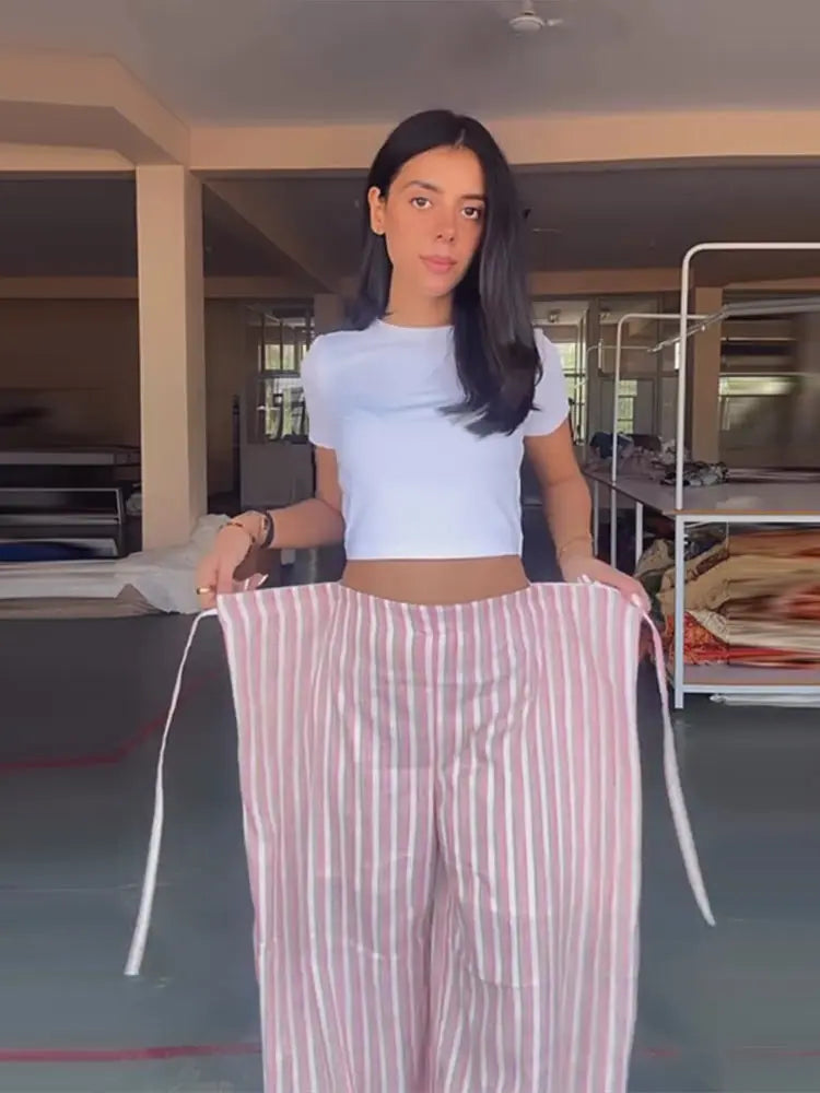 Pantalones de mujer con rayas en las piernas, pantalones ajustables con cintura cruzada, pantalones holgados de verano hasta el suelo estilo boho palazzo, conjunto para mujer