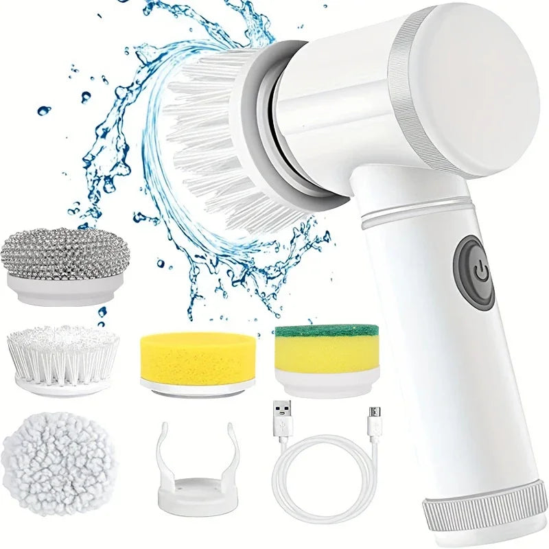 Cepillo eléctrico giratorio 5 en 1 para azulejos de baño, bañera y lavabo, con 5 cabezales de cepillo reemplazables.