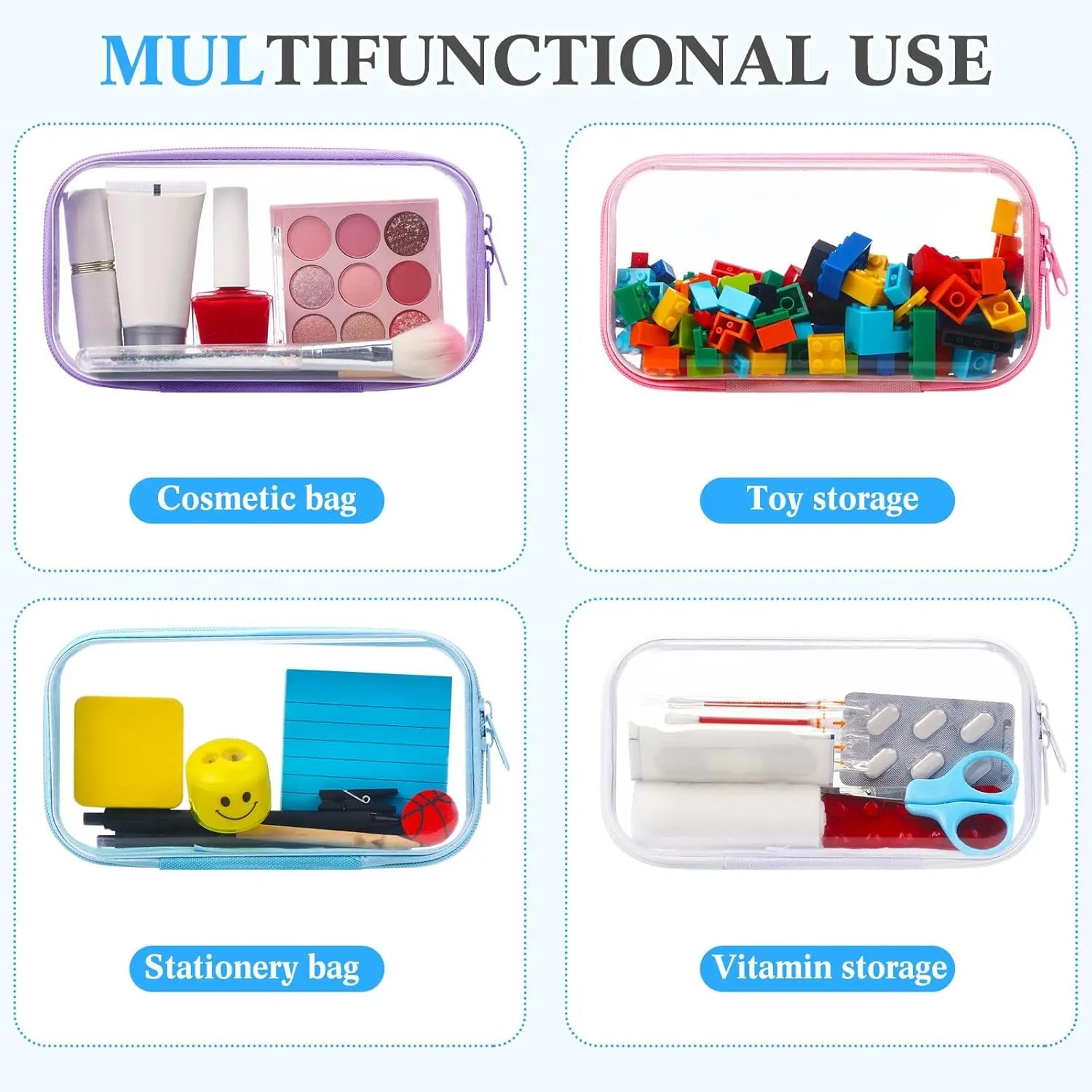 4 estuches rígidos transparentes con cremallera, bolsas de maquillaje, estuches de plástico para lápices, cajas de almacenamiento transparentes para cosméticos, snacks, construcción